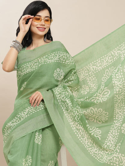 Indyancart RV Women's Elegant Linen Blend Cotton Block Print Saree with Matching Blouse
 ( KVD1832 )