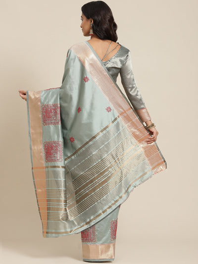 Indyancart RV Women's Elegant Soft Cotton Silk Saree with Thread Floral Embroidery & Golden Border With Blouse ( KVD1844 )
