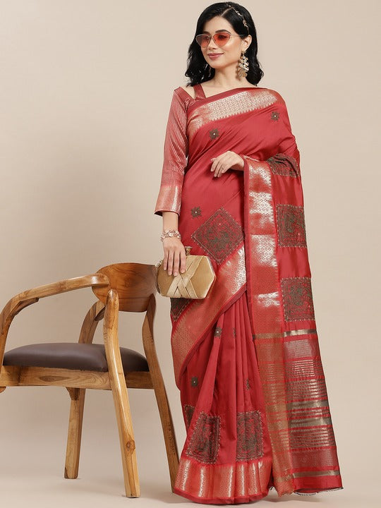 Indyancart RV Women's Elegant Soft Cotton Silk Saree with Thread Floral Embroidery & Golden Border With Blouse ( KVD1845 )