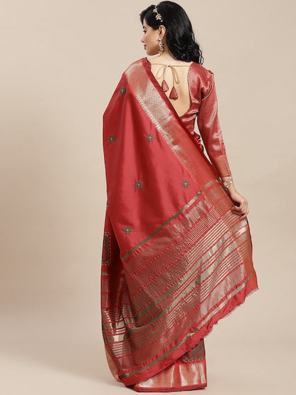 Indyancart RV Women's Elegant Soft Cotton Silk Saree with Thread Floral Embroidery & Golden Border With Blouse ( KVD1845 )