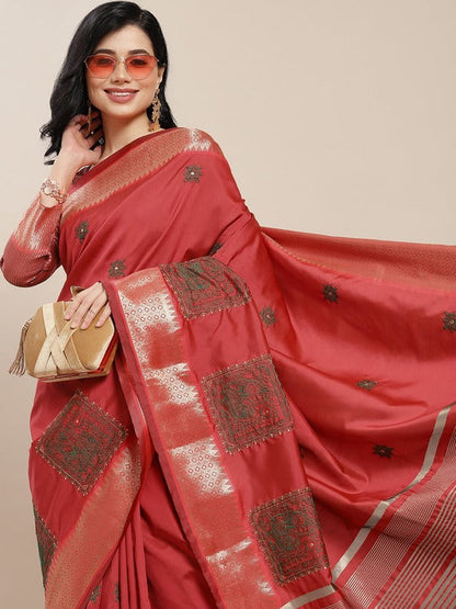 Indyancart RV Women's Elegant Soft Cotton Silk Saree with Thread Floral Embroidery & Golden Border With Blouse ( KVD1845 )