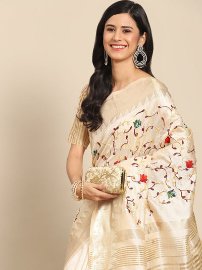 Indyancart RV Women's Elegant Assam Cotton Silk Saree with Thread Embroidery & Golden Zari Border With Blouse ( KVD1891 )