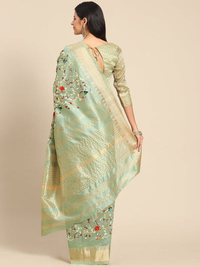 Indyancart RV Women's Elegant Assam Cotton Silk Saree with Thread Embroidery & Golden Zari Border With Blouse ( KVD1892 )