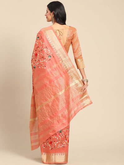 Indyancart RV Women's Elegant Assam Cotton Silk Saree with Thread Embroidery & Golden Zari Border With Blouse ( KVD1893 )