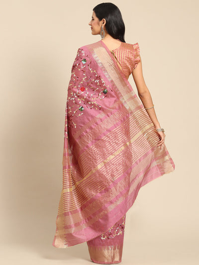 Indyancart RV Women's Elegant Assam Cotton Silk Saree with Thread Embroidery & Golden Zari Border With Blouse ( KVD1894 )