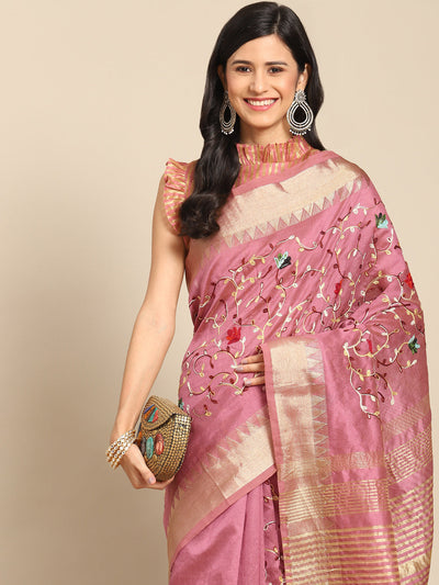 Indyancart RV Women's Elegant Assam Cotton Silk Saree with Thread Embroidery & Golden Zari Border With Blouse ( KVD1894 )