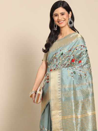 Indyancart RV Women's Elegant Assam Cotton Silk Saree with Thread Embroidery & Golden Zari Border With Blouse ( KVD1895 )