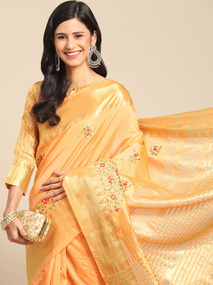Indyancart RV Women's Elegant Assam Cotton Silk Embroidered Saree with Temple Contrast Border  ( KVD1896 )