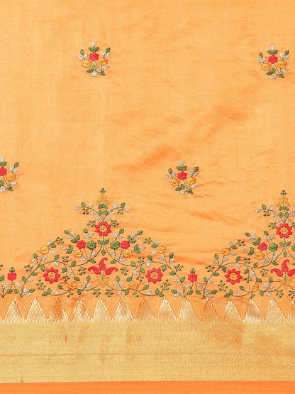 Indyancart RV Women's Elegant Assam Cotton Silk Embroidered Saree with Temple Contrast Border  ( KVD1896 )
