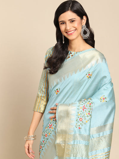 Indyancart RV Women's Elegant Assam Cotton Silk Embroidered Saree with Temple Contrast Border  ( KVD1897 )