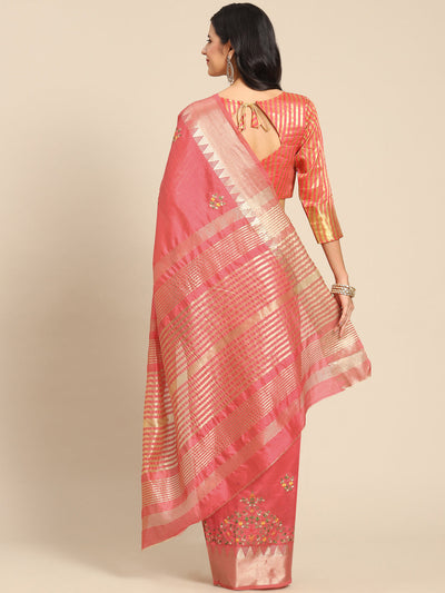 Indyancart RV Women's Elegant Assam Cotton Silk Embroidered Saree with Temple Contrast Border  ( KVD1898 )