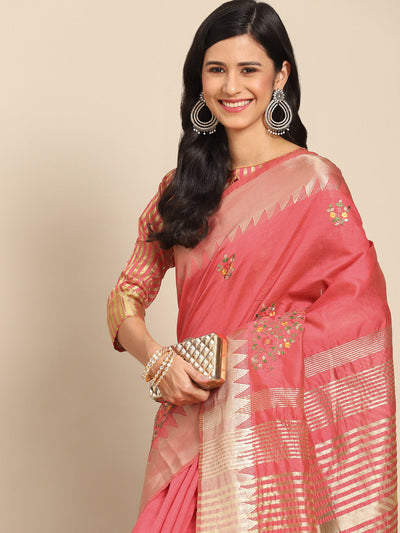 Indyancart RV Women's Elegant Assam Cotton Silk Embroidered Saree with Temple Contrast Border  ( KVD1898 )