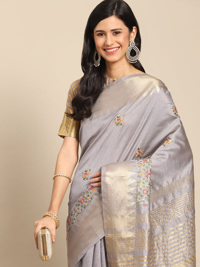 Indyancart RV Women's Elegant Assam Cotton Silk Embroidered Saree with Temple Contrast Border  ( KVD1899 )