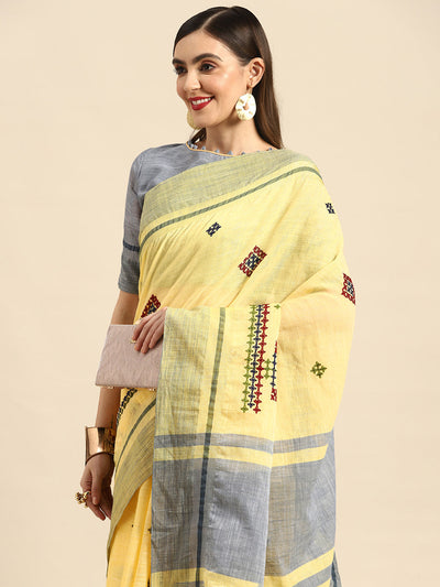Indyancart RV Women's Graceful Linen Cotton Saree with Elegant Thread Embroidery With Blouse ( KVD1913 )