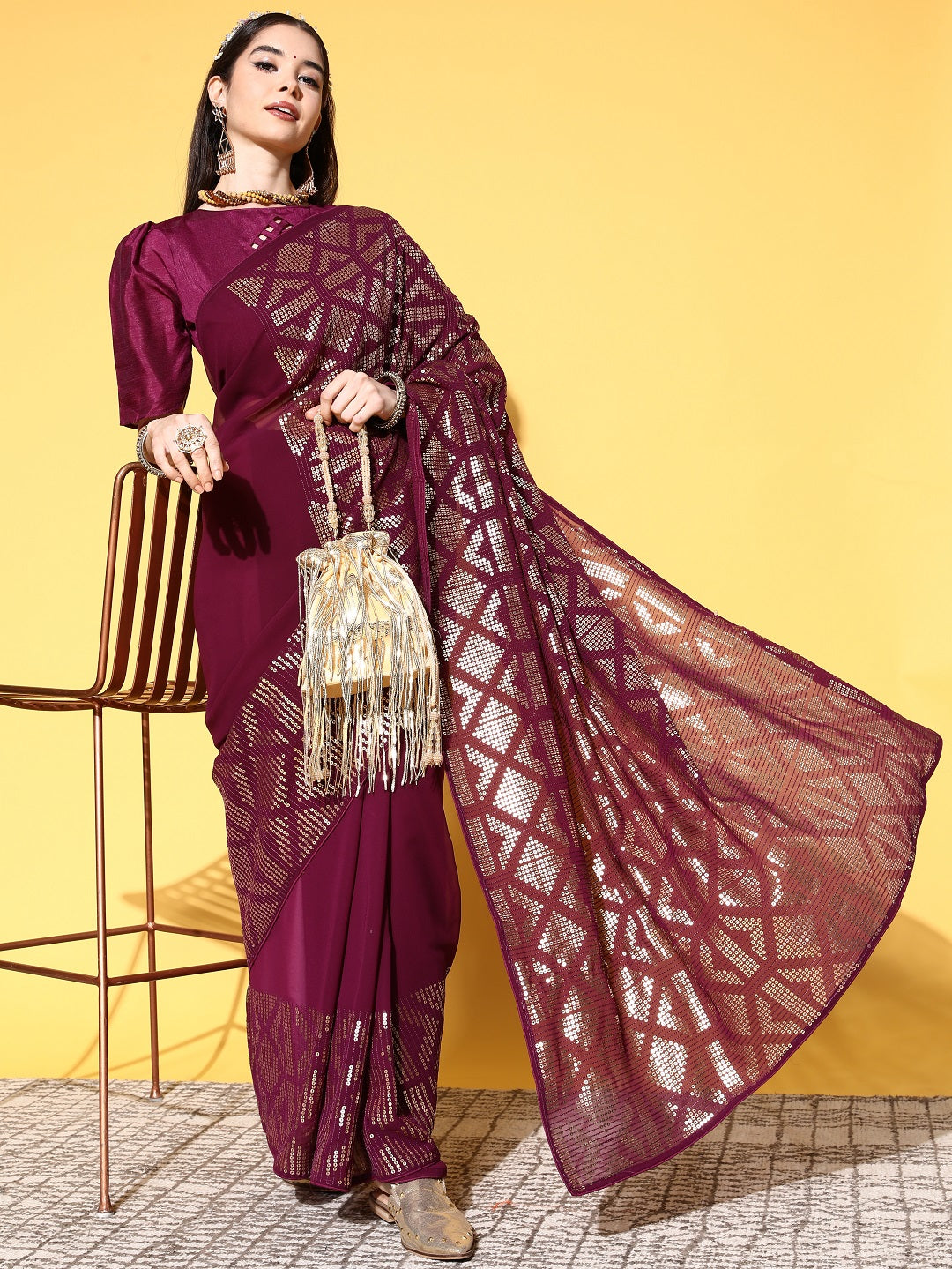Indyancart RV Women's Premium Georgette Sequins Embroidered Saree with Banglori Silk Blouse ( KVD1924 )