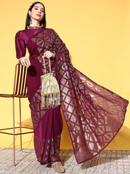 Indyancart RV Women's Premium Georgette Sequins Embroidered Saree with Banglori Silk Blouse ( KVD1924 )