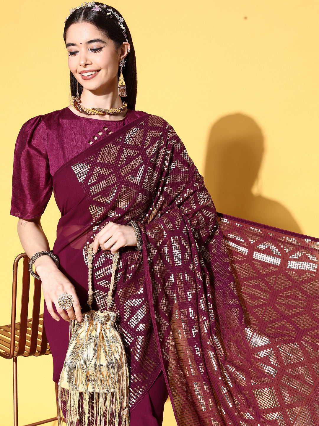 Indyancart RV Women's Premium Georgette Sequins Embroidered Saree with Banglori Silk Blouse ( KVD1924 )