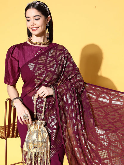 Indyancart RV Women's Premium Georgette Sequins Embroidered Saree with Banglori Silk Blouse ( KVD1924 )