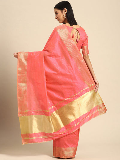 Indyancart RV Women's Designer Assam Cotton Silk Saree with Golden Border & Sequins Weaving With Blouse ( KVD2014 )