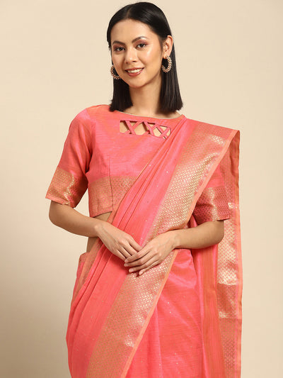 Indyancart RV Women's Designer Assam Cotton Silk Saree with Golden Border & Sequins Weaving With Blouse ( KVD2014 )