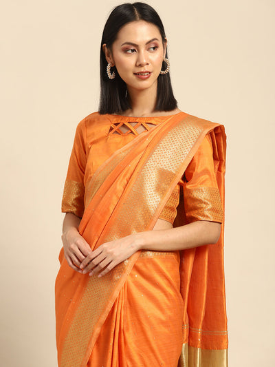 Indyancart RV Women's Designer Assam Cotton Silk Saree with Golden Border & Sequins Weaving With Blouse ( KVD2015 )