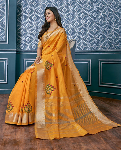 Indyancart RV Women's Elegant Assam Cotton Silk Saree with Colorful Thread Embroidery & Temple Border With Blouse ( KVD2044 )