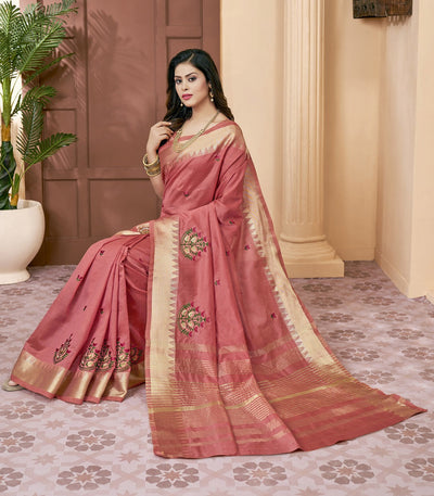 Indyancart RV Women's Elegant Assam Cotton Silk Saree with Colorful Thread Embroidery & Temple Border With Blouse ( KVD2047 )