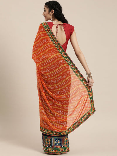 Indyancart RV Women's half and half bandhani pallu Orange  and Navy Blue color saree ( KVD209 )
