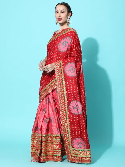 Indyancart RV Women's Soft Dola Silk With Bhandhani With Colourful Embroidery Heavy Lace Saree With Blouse ( KVD2091 )