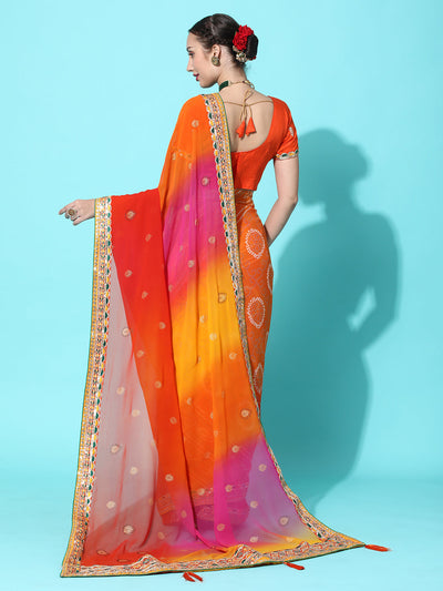 Indyancart RV Women's Soft Pure Georgette With Bhandhani Print With Heavy Lace Saree With Blouse ( KVD2099 )