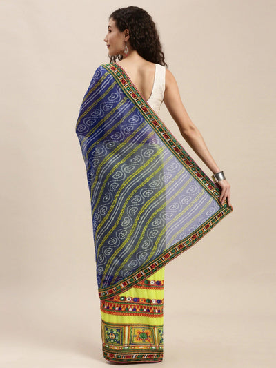 Indyancart RV Women's half and half bandhani pallu Blue and Yellow color saree ( KVD210 )