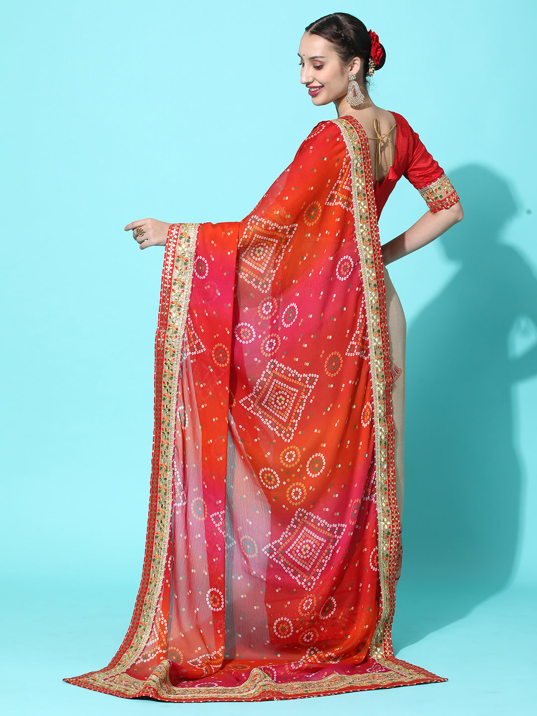 Indyancart RV Women's Soft Pure Chiffon With Bhandhani Print With Heavy Lace Saree With Blouse ( KVD2101 )