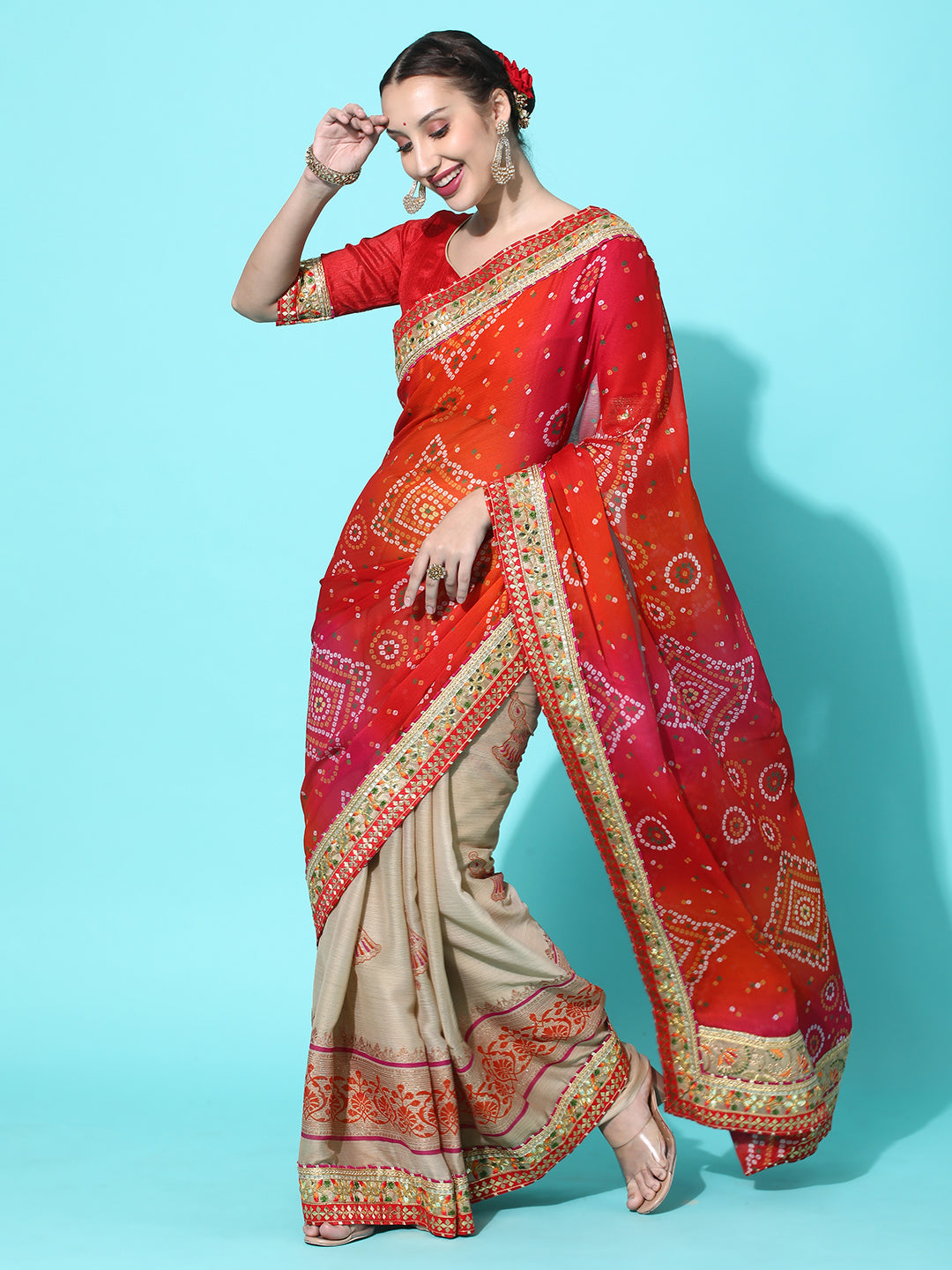 Indyancart RV Women's Soft Pure Chiffon With Bhandhani Print With Heavy Lace Saree With Blouse ( KVD2101 )