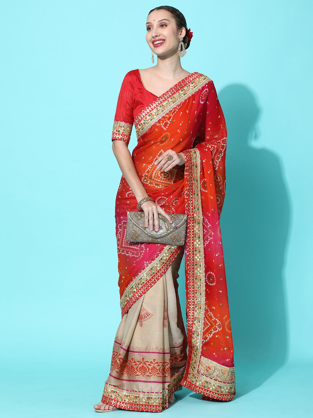 Indyancart RV Women's Soft Pure Chiffon With Bhandhani Print With Heavy Lace Saree With Blouse ( KVD2101 )
