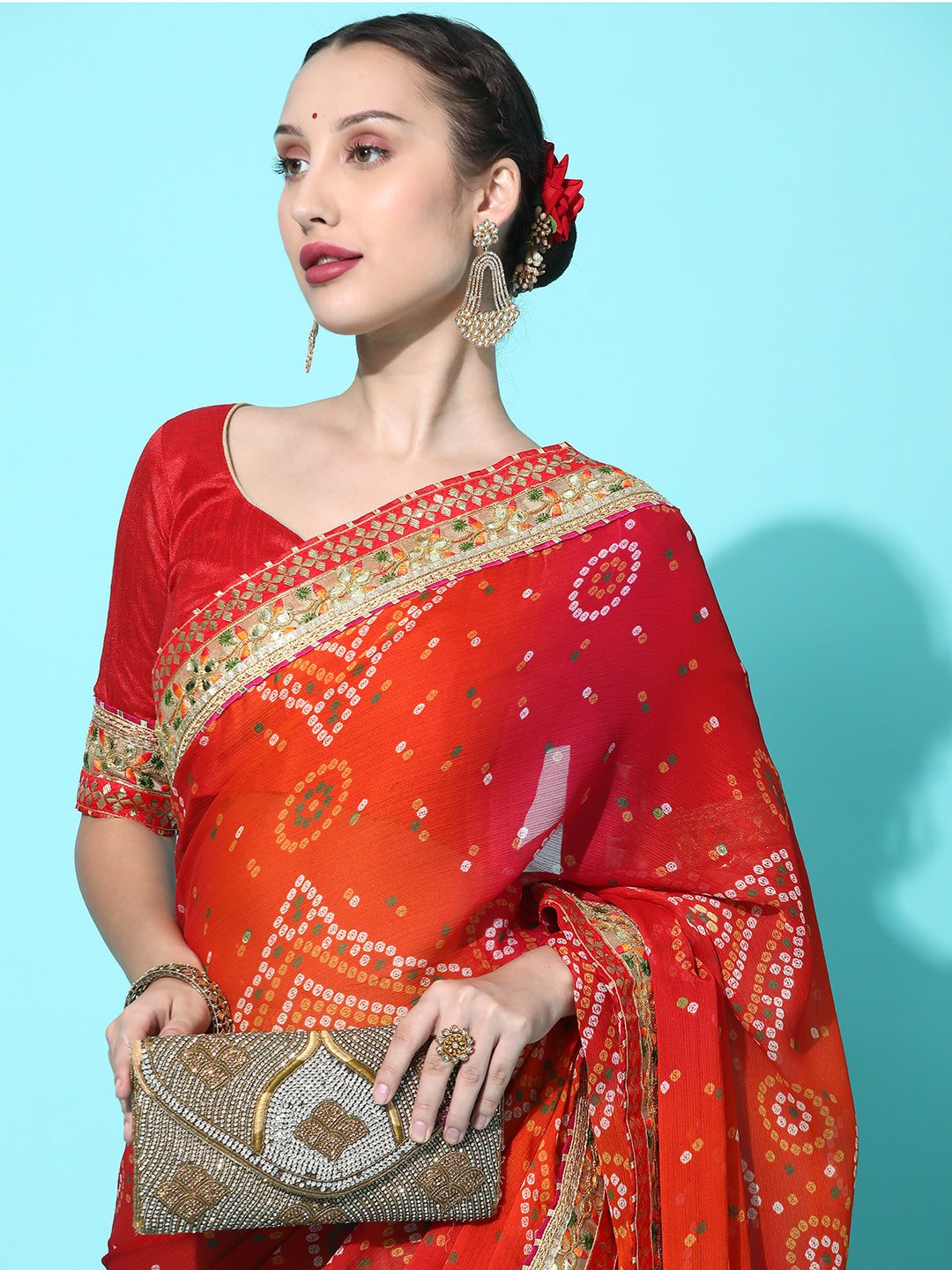 Indyancart RV Women's Soft Pure Chiffon With Bhandhani Print With Heavy Lace Saree With Blouse ( KVD2101 )