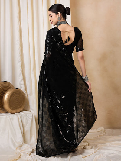 Indyancart RV Women's Elegant Black Sequins Embroidered Georgette Saree with Matching Blouse ( KVD2110 )