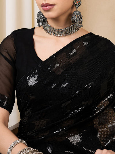 Indyancart RV Women's Elegant Black Sequins Embroidered Georgette Saree with Matching Blouse ( KVD2110 )