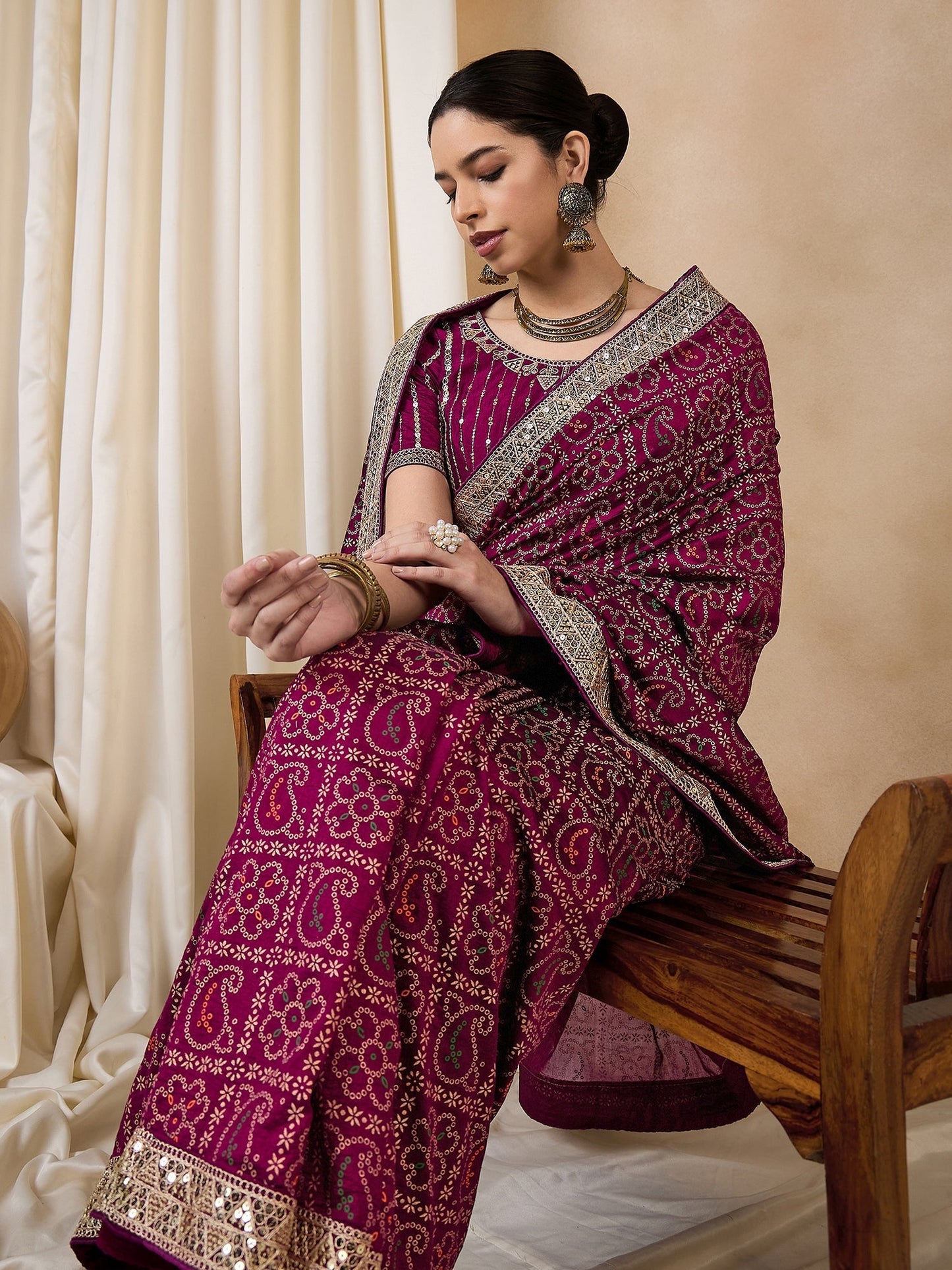 Indyancart RV Women's Wine Bandhej Print Georgette Dola Saree with Sequins Embroidered Banglori Silk Blouse ( KVD2115 )
