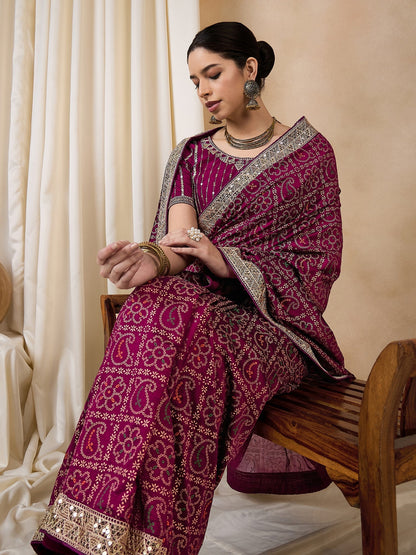 Indyancart RV Women's Wine Bandhej Print Georgette Dola Saree with Sequins Embroidered Banglori Silk Blouse ( KVD2115 )