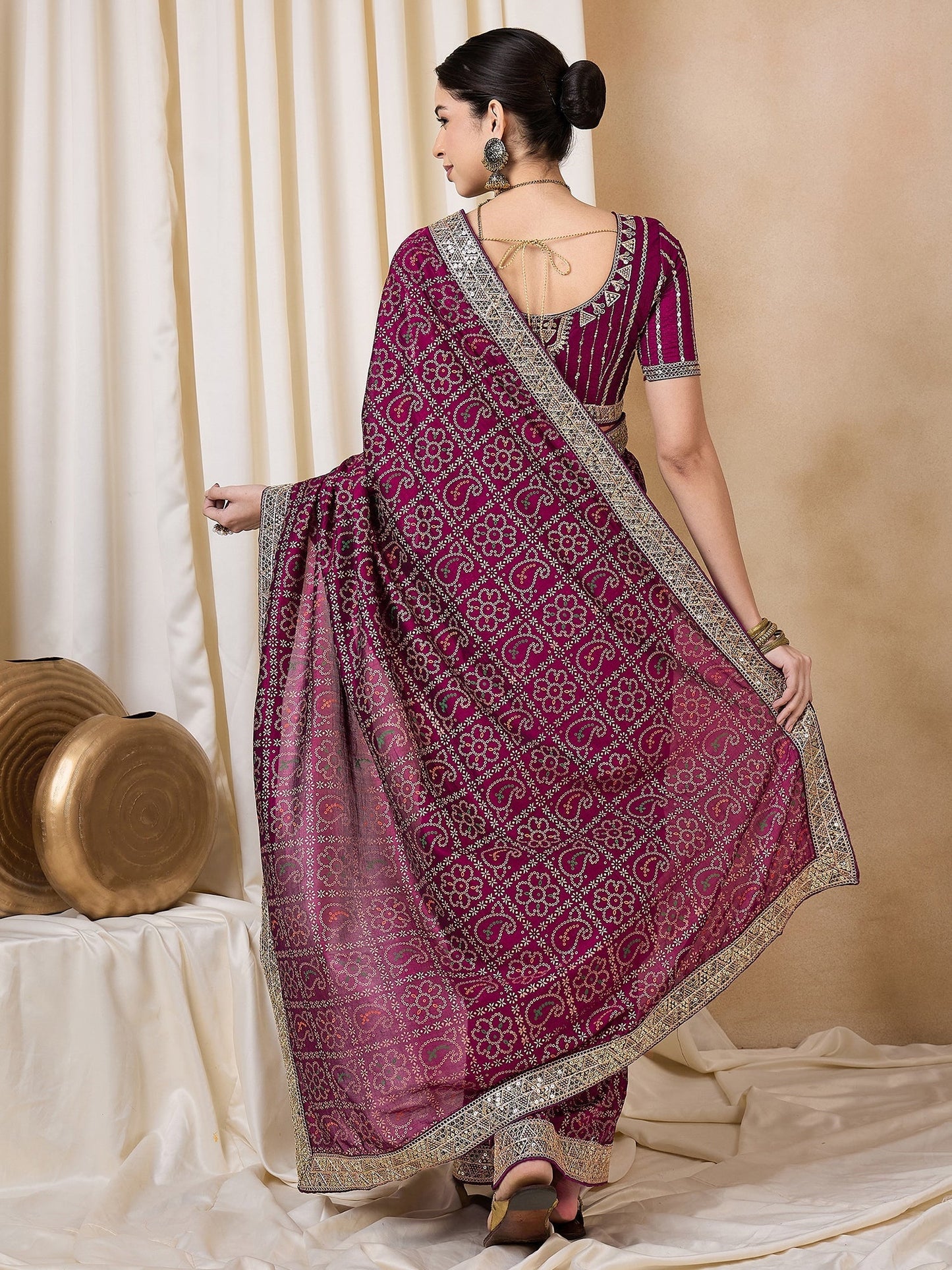 Indyancart RV Women's Wine Bandhej Print Georgette Dola Saree with Sequins Embroidered Banglori Silk Blouse ( KVD2115 )