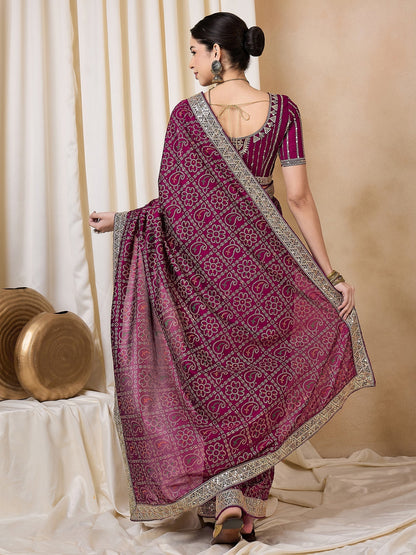 Indyancart RV Women's Wine Bandhej Print Georgette Dola Saree with Sequins Embroidered Banglori Silk Blouse ( KVD2115 )