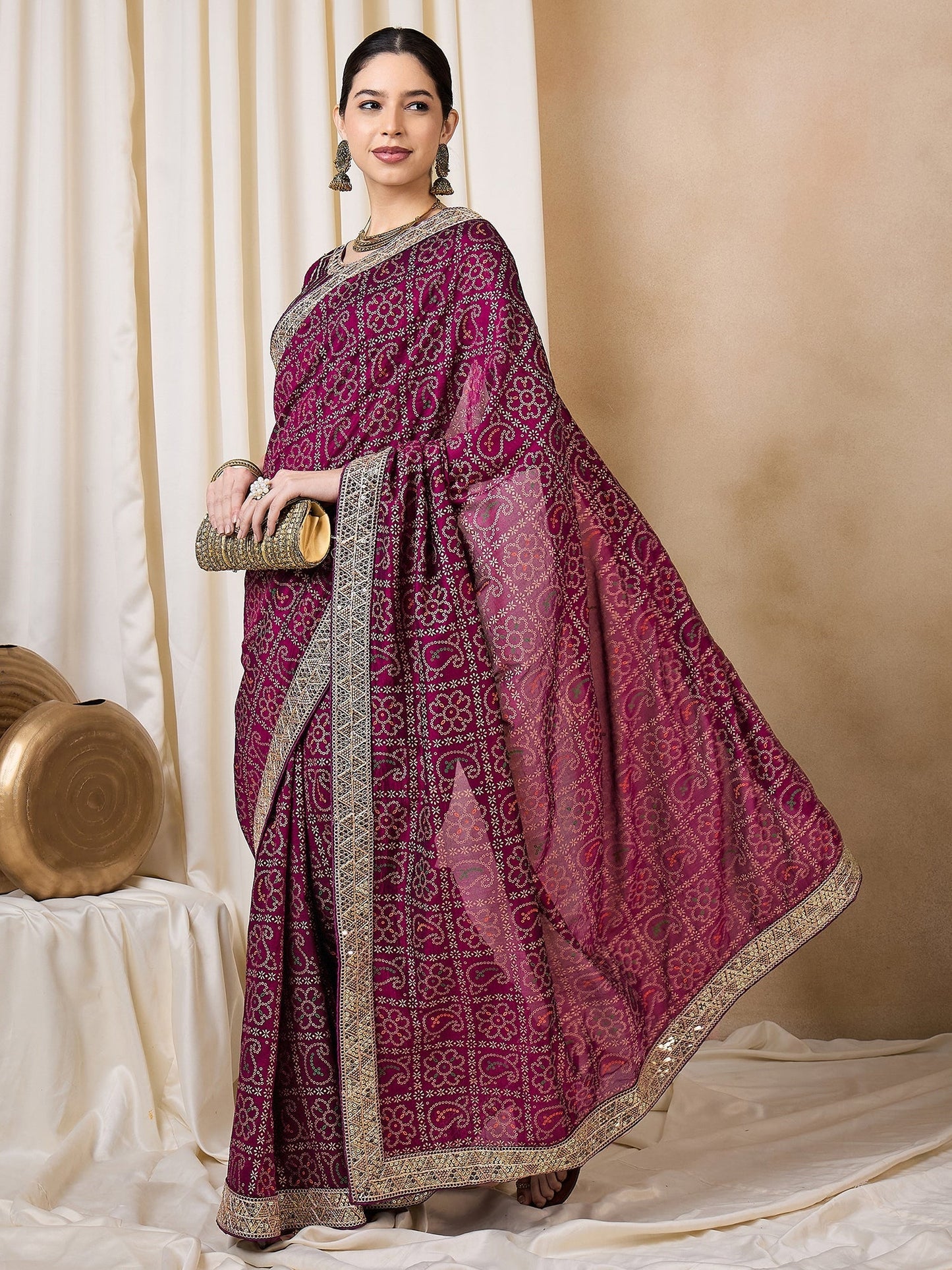 Indyancart RV Women's Wine Bandhej Print Georgette Dola Saree with Sequins Embroidered Banglori Silk Blouse ( KVD2115 )