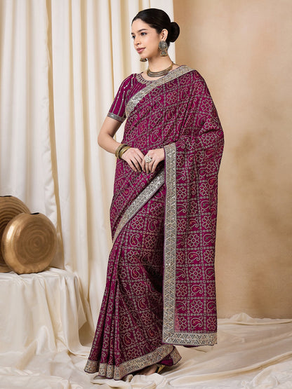 Indyancart RV Women's Wine Bandhej Print Georgette Dola Saree with Sequins Embroidered Banglori Silk Blouse ( KVD2115 )