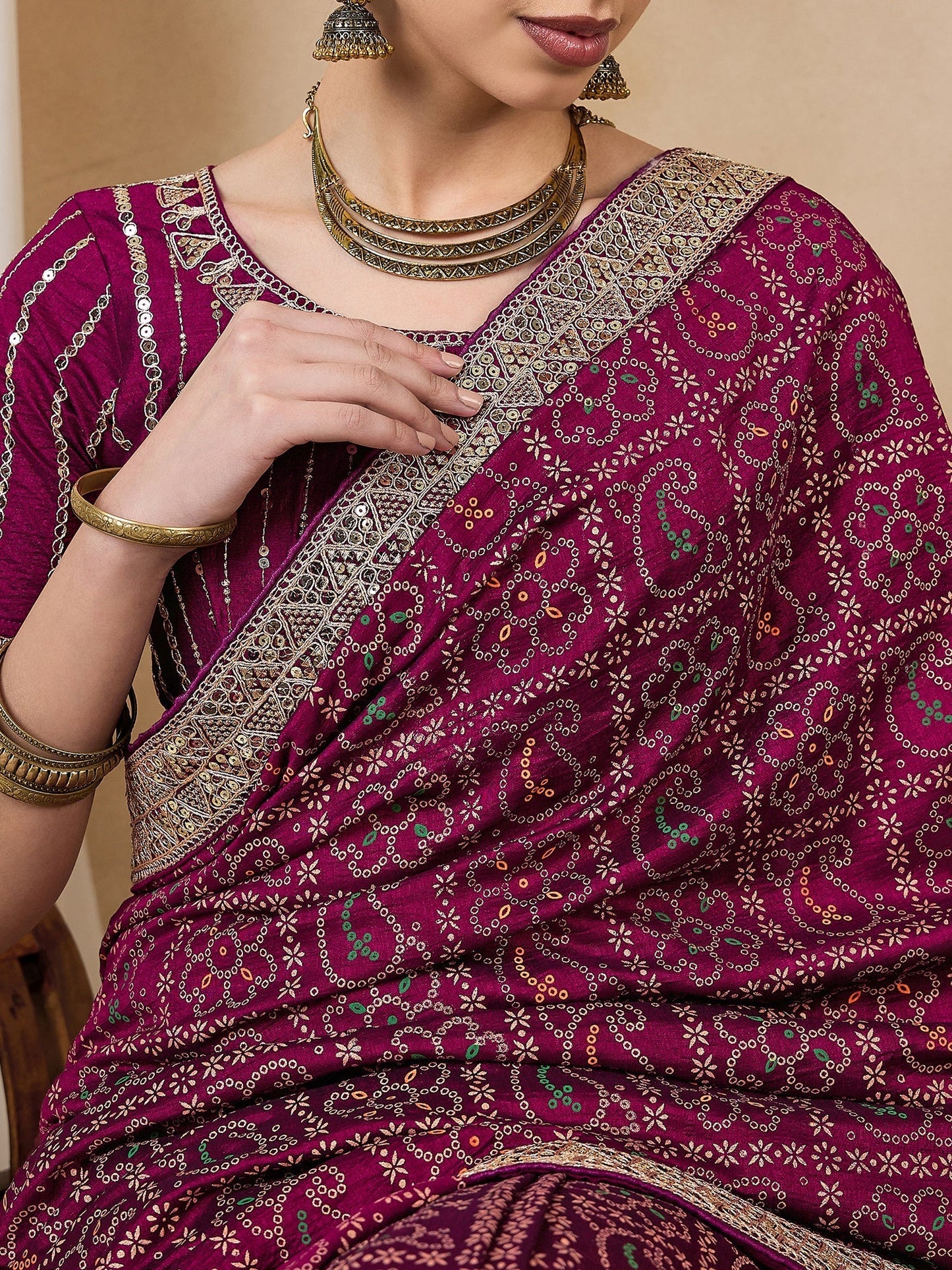Indyancart RV Women's Wine Bandhej Print Georgette Dola Saree with Sequins Embroidered Banglori Silk Blouse ( KVD2115 )