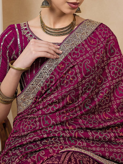 Indyancart RV Women's Wine Bandhej Print Georgette Dola Saree with Sequins Embroidered Banglori Silk Blouse ( KVD2115 )