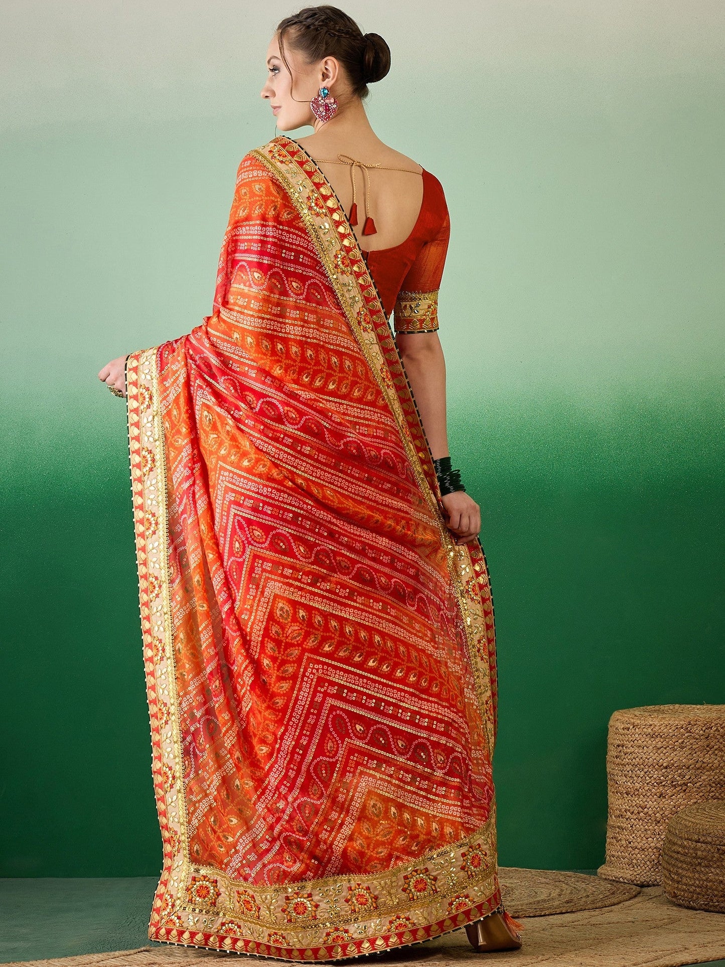 Indyancart RV Women's Soft Mose Chiffon With Bhandhani Print With Heavy Lace Saree With Blouse ( KVD2128 )