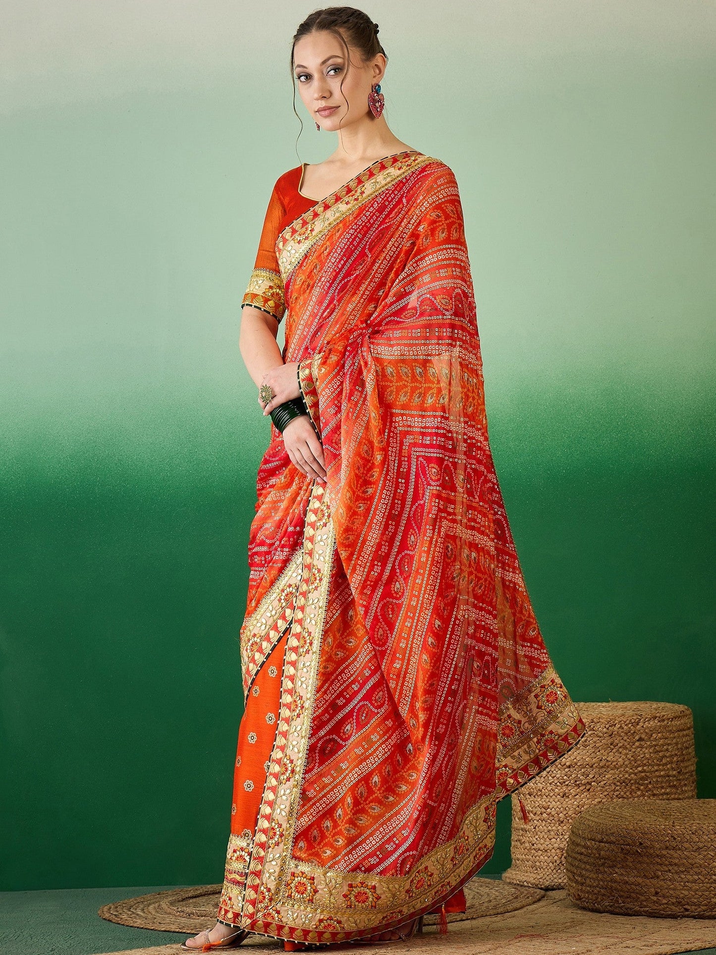 Indyancart RV Women's Soft Mose Chiffon With Bhandhani Print With Heavy Lace Saree With Blouse ( KVD2128 )