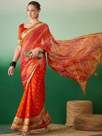 Indyancart RV Women's Soft Mose Chiffon With Bhandhani Print With Heavy Lace Saree With Blouse ( KVD2128 )