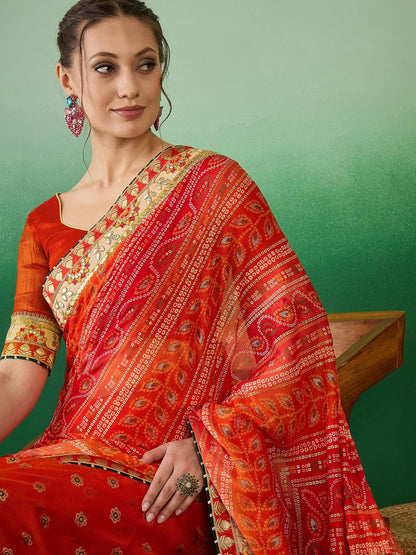 Indyancart RV Women's Soft Mose Chiffon With Bhandhani Print With Heavy Lace Saree With Blouse ( KVD2128 )