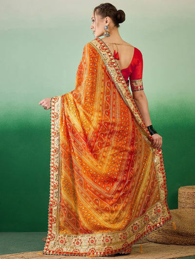 Indyancart RV Women's Soft Mose Chiffon With Bhandhani Print With Heavy Lace Saree With Blouse ( KVD2129 )